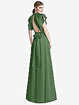 Rear View Thumbnail - Vineyard Green Shirred Stand Collar Flutter Sleeve Open-Back Maxi Dress with Sash