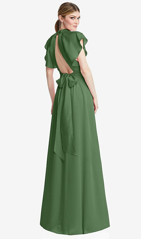 Back View - Vineyard Green Shirred Stand Collar Flutter Sleeve Open-Back Maxi Dress with Sash