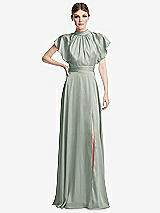 Front View Thumbnail - Willow Green Shirred Stand Collar Flutter Sleeve Open-Back Maxi Dress with Sash