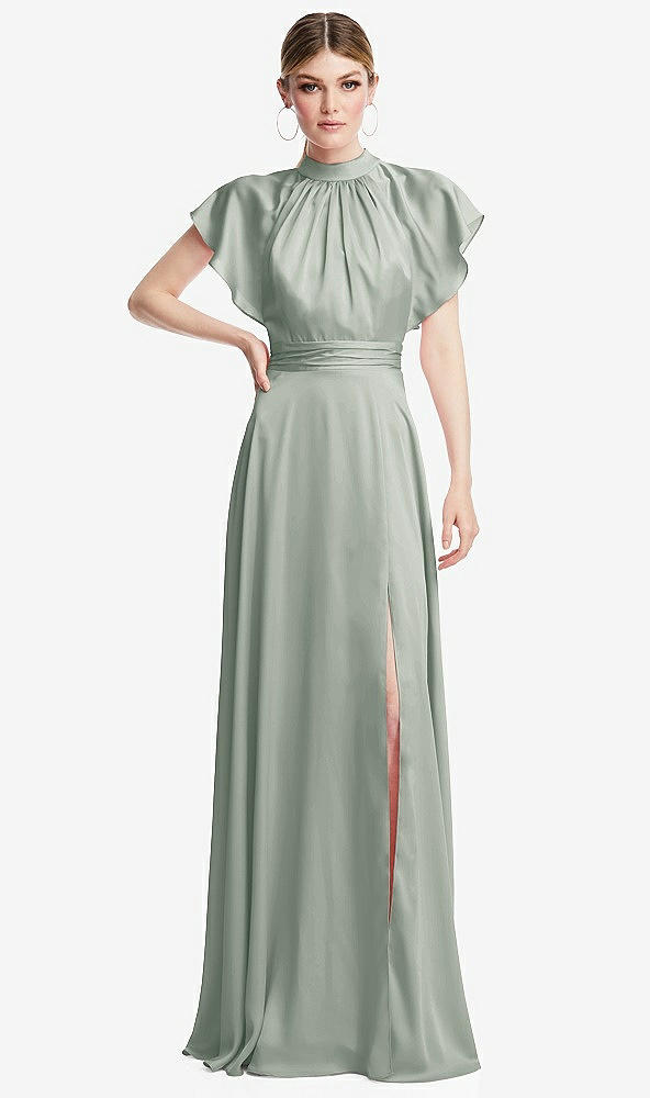 Front View - Willow Green Shirred Stand Collar Flutter Sleeve Open-Back Maxi Dress with Sash