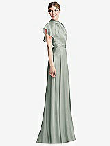 Side View Thumbnail - Willow Green Shirred Stand Collar Flutter Sleeve Open-Back Maxi Dress with Sash