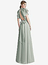 Rear View Thumbnail - Willow Green Shirred Stand Collar Flutter Sleeve Open-Back Maxi Dress with Sash