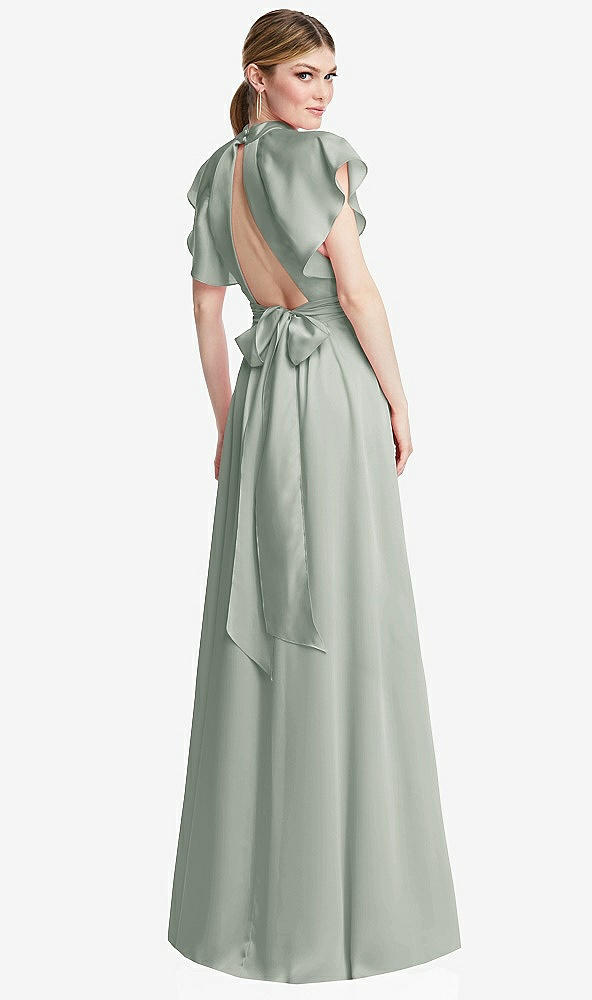 Back View - Willow Green Shirred Stand Collar Flutter Sleeve Open-Back Maxi Dress with Sash