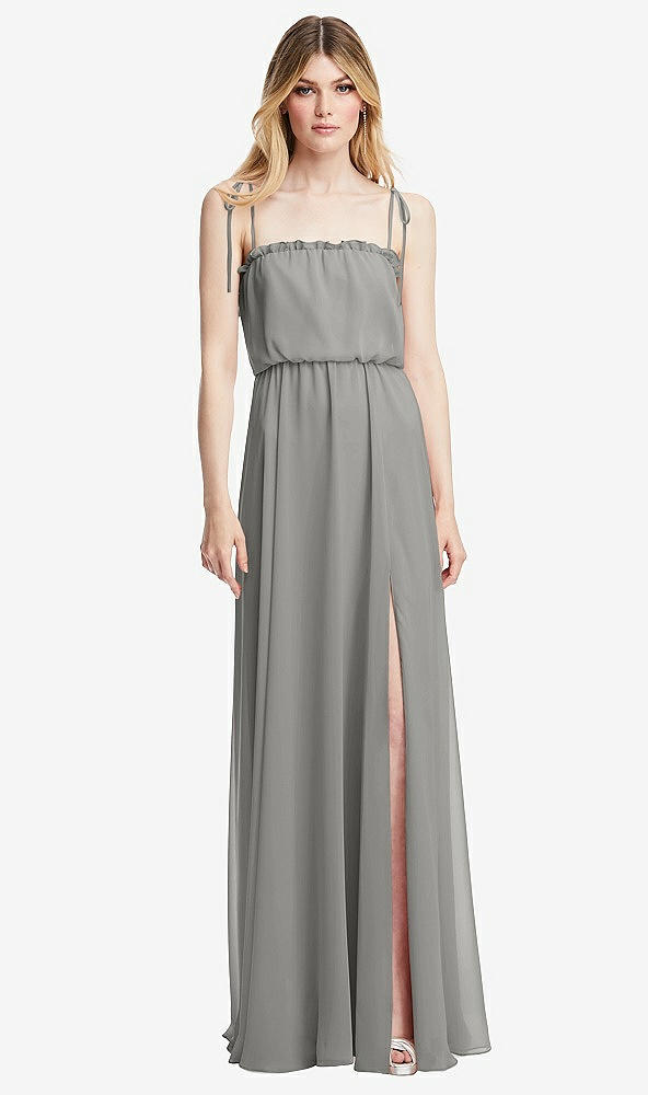 Front View - Chelsea Gray Skinny Tie-Shoulder Ruffle-Trimmed Blouson Maxi Dress