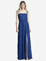 Front View Thumbnail - Classic Blue Skinny Tie-Shoulder Ruffle-Trimmed Blouson Maxi Dress