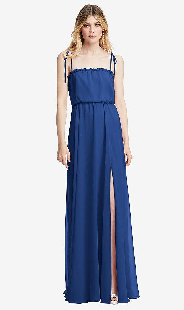 Front View - Classic Blue Skinny Tie-Shoulder Ruffle-Trimmed Blouson Maxi Dress