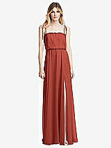 Front View Thumbnail - Amber Sunset Skinny Tie-Shoulder Ruffle-Trimmed Blouson Maxi Dress