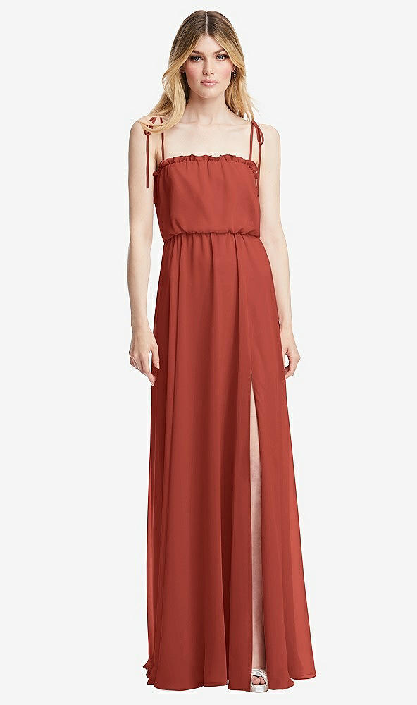 Front View - Amber Sunset Skinny Tie-Shoulder Ruffle-Trimmed Blouson Maxi Dress