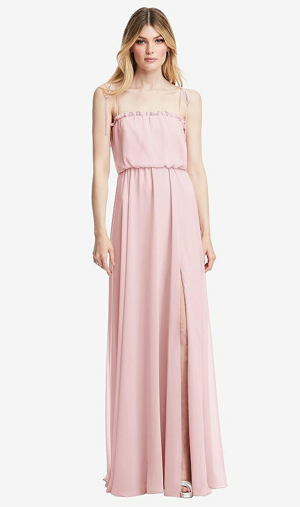 Front View - Ballet Pink Skinny Tie-Shoulder Ruffle-Trimmed Blouson Maxi Dress
