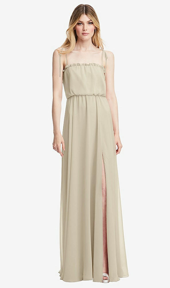 Front View - Champagne Skinny Tie-Shoulder Ruffle-Trimmed Blouson Maxi Dress
