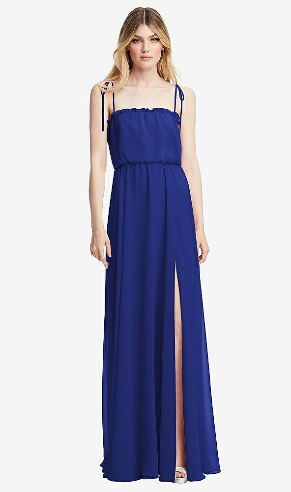 Front View - Cobalt Blue Skinny Tie-Shoulder Ruffle-Trimmed Blouson Maxi Dress