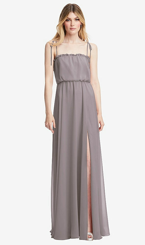 Front View - Cashmere Gray Skinny Tie-Shoulder Ruffle-Trimmed Blouson Maxi Dress