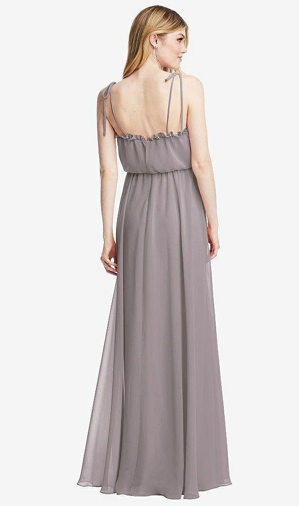 Back View - Cashmere Gray Skinny Tie-Shoulder Ruffle-Trimmed Blouson Maxi Dress