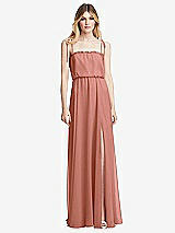 Front View Thumbnail - Desert Rose Skinny Tie-Shoulder Ruffle-Trimmed Blouson Maxi Dress