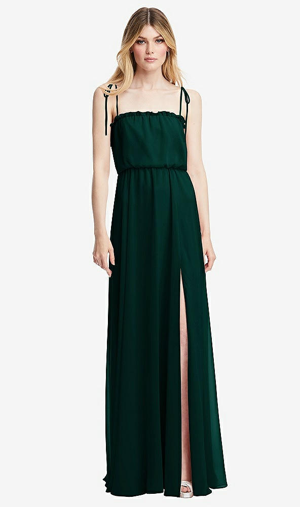 Front View - Evergreen Skinny Tie-Shoulder Ruffle-Trimmed Blouson Maxi Dress