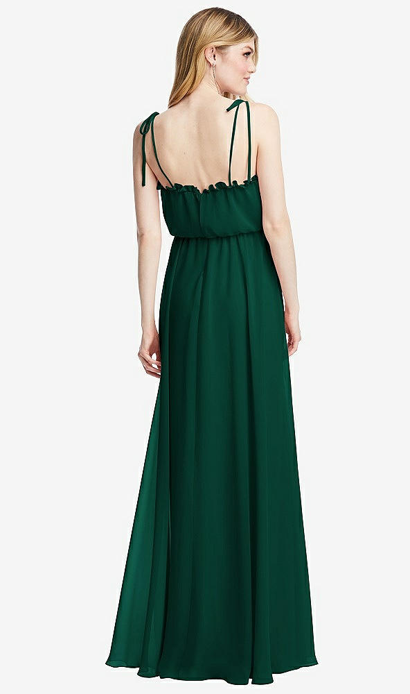 Back View - Hunter Green Skinny Tie-Shoulder Ruffle-Trimmed Blouson Maxi Dress