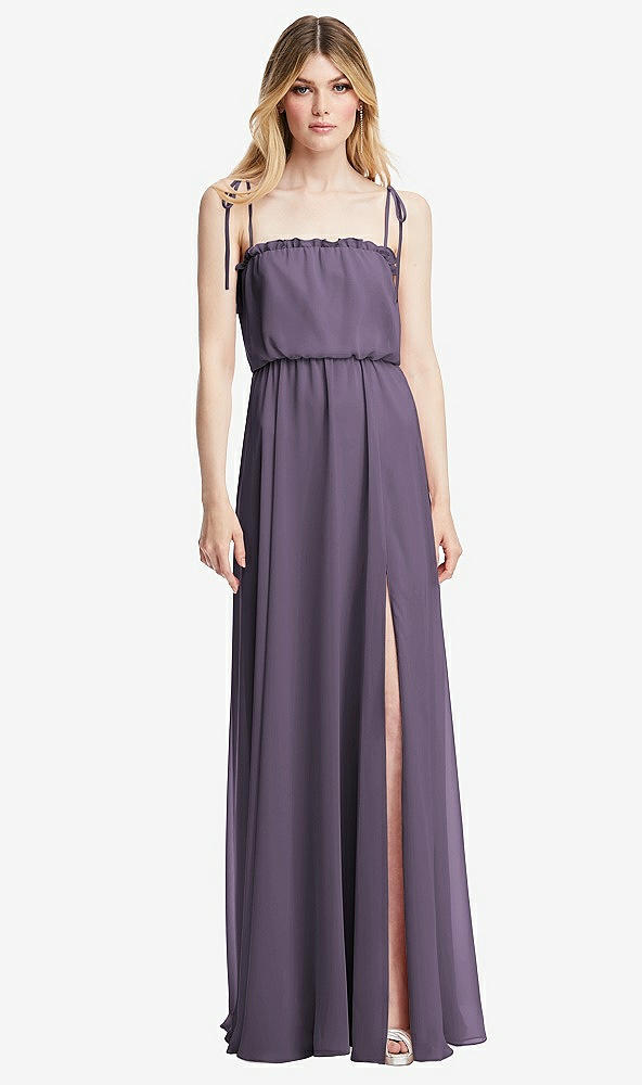 Front View - Lavender Skinny Tie-Shoulder Ruffle-Trimmed Blouson Maxi Dress