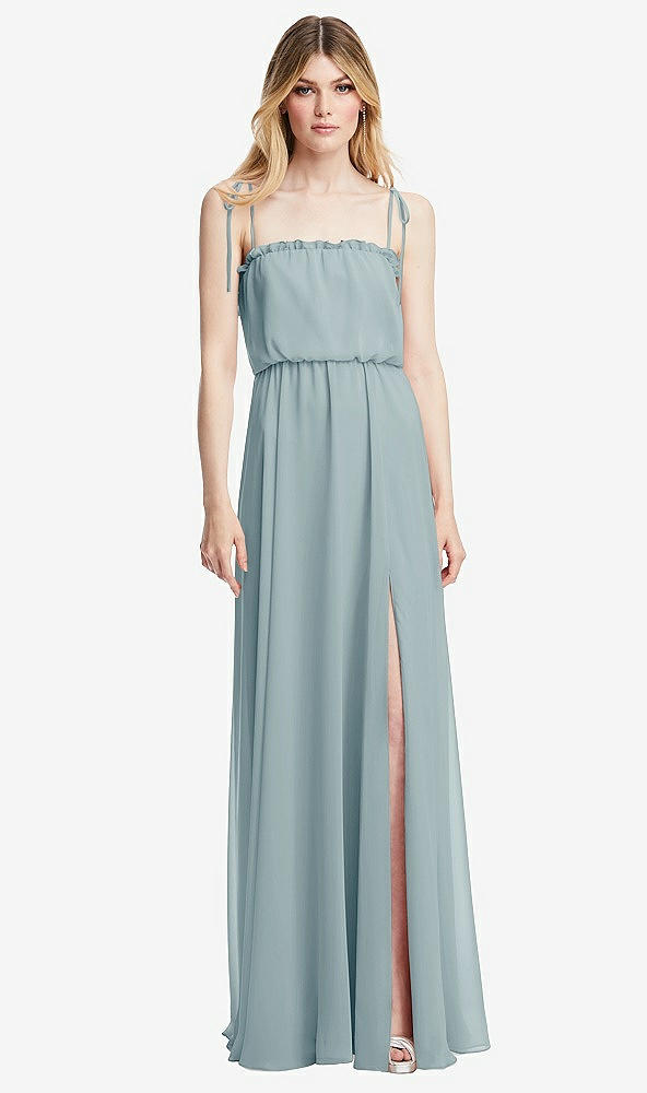 Front View - Morning Sky Skinny Tie-Shoulder Ruffle-Trimmed Blouson Maxi Dress