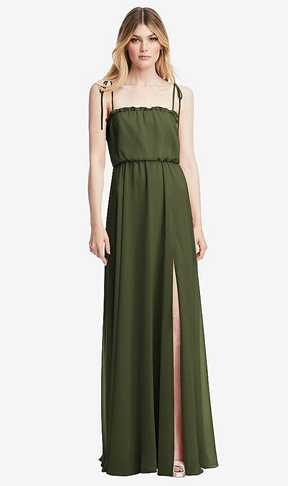 Front View - Olive Green Skinny Tie-Shoulder Ruffle-Trimmed Blouson Maxi Dress