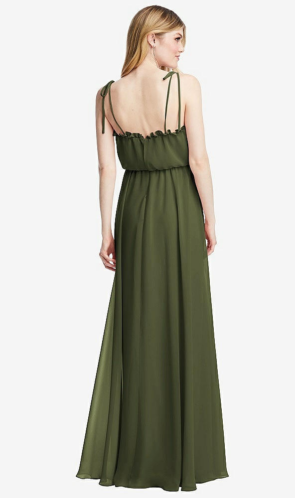 Back View - Olive Green Skinny Tie-Shoulder Ruffle-Trimmed Blouson Maxi Dress