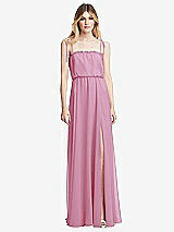 Front View Thumbnail - Powder Pink Skinny Tie-Shoulder Ruffle-Trimmed Blouson Maxi Dress