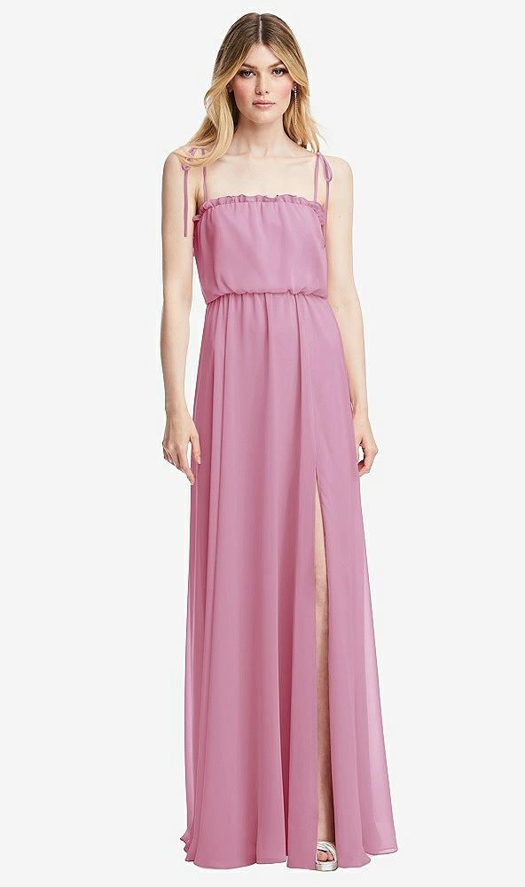 Front View - Powder Pink Skinny Tie-Shoulder Ruffle-Trimmed Blouson Maxi Dress