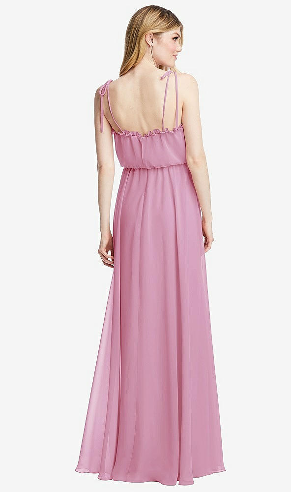 Back View - Powder Pink Skinny Tie-Shoulder Ruffle-Trimmed Blouson Maxi Dress
