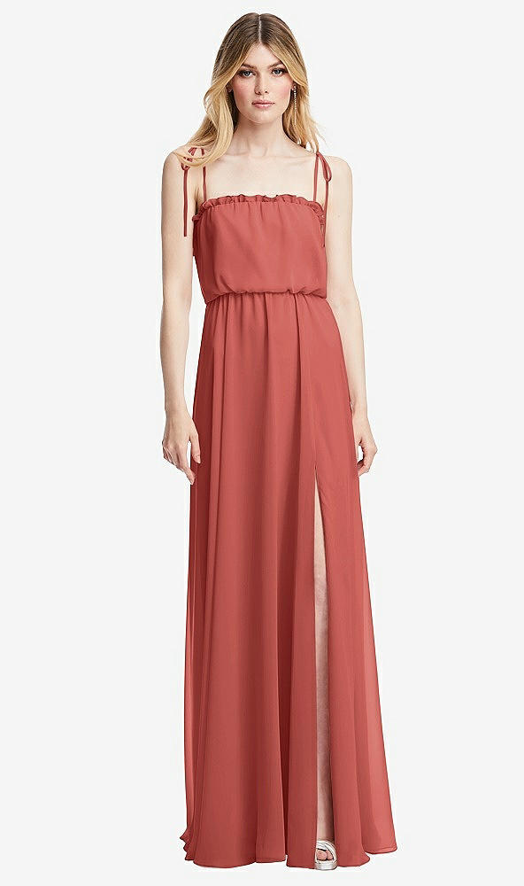 Front View - Coral Pink Skinny Tie-Shoulder Ruffle-Trimmed Blouson Maxi Dress