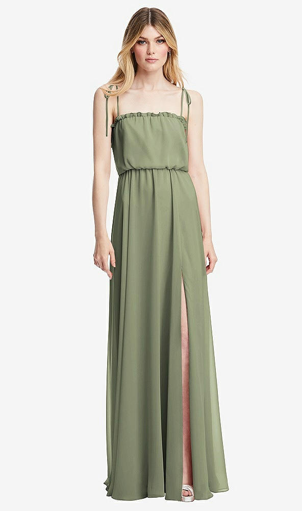 Front View - Sage Skinny Tie-Shoulder Ruffle-Trimmed Blouson Maxi Dress