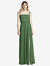 Front View Thumbnail - Vineyard Green Skinny Tie-Shoulder Ruffle-Trimmed Blouson Maxi Dress