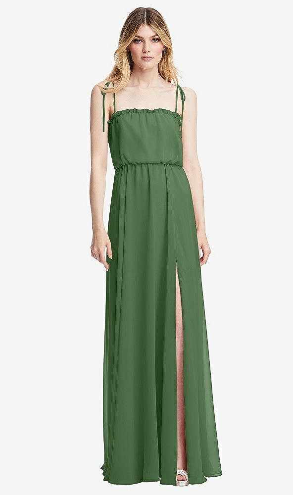 Front View - Vineyard Green Skinny Tie-Shoulder Ruffle-Trimmed Blouson Maxi Dress