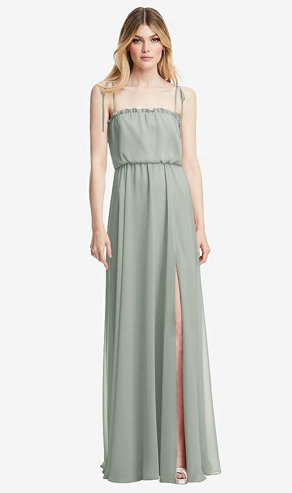 Front View - Willow Green Skinny Tie-Shoulder Ruffle-Trimmed Blouson Maxi Dress