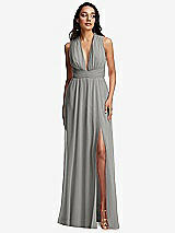 Front View Thumbnail - Chelsea Gray Shirred Deep Plunge Neck Closed Back Chiffon Maxi Dress 