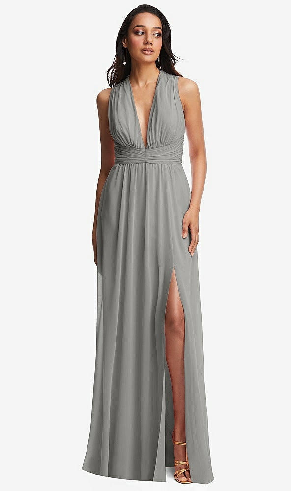 Front View - Chelsea Gray Shirred Deep Plunge Neck Closed Back Chiffon Maxi Dress 