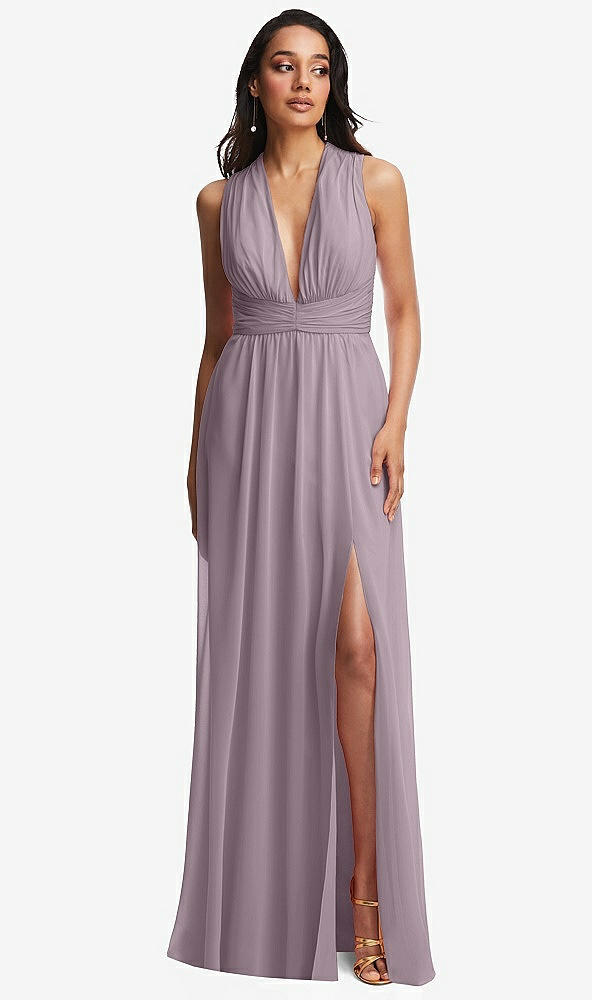 Front View - Lilac Dusk Shirred Deep Plunge Neck Closed Back Chiffon Maxi Dress 