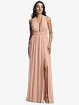 Front View Thumbnail - Pale Peach Shirred Deep Plunge Neck Closed Back Chiffon Maxi Dress 