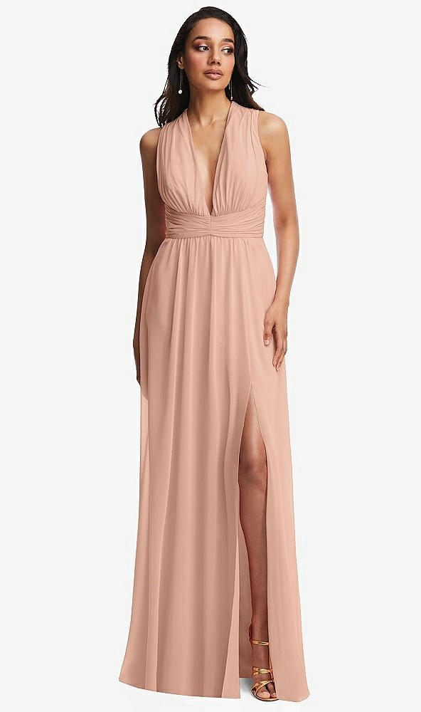 Front View - Pale Peach Shirred Deep Plunge Neck Closed Back Chiffon Maxi Dress 