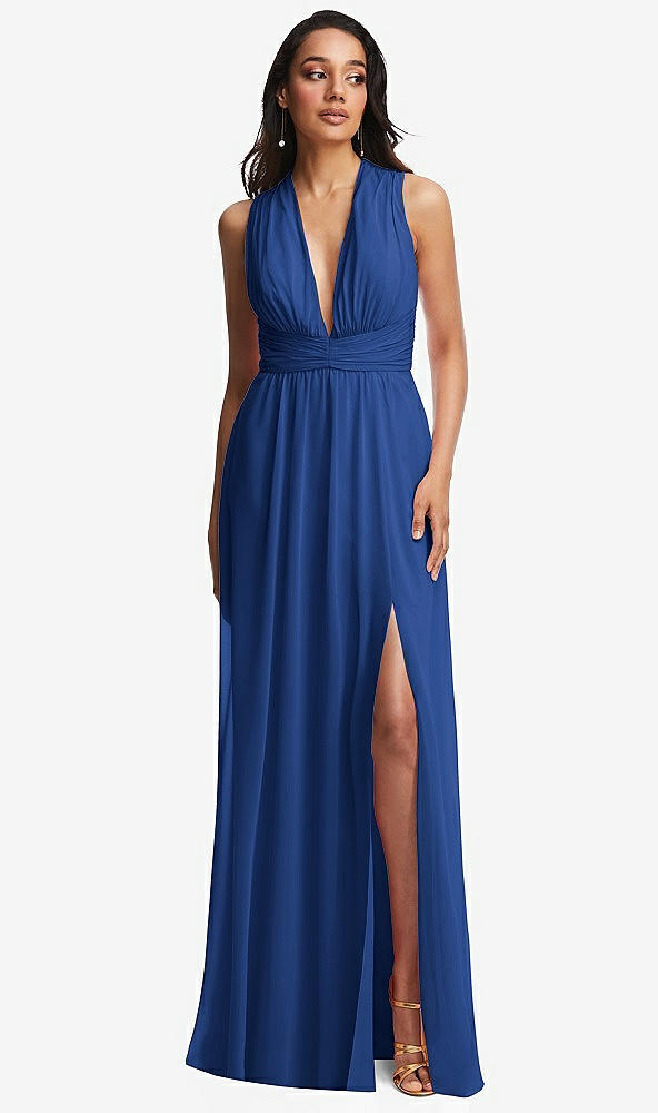 Front View - Classic Blue Shirred Deep Plunge Neck Closed Back Chiffon Maxi Dress 