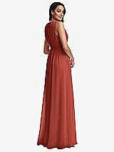 Rear View Thumbnail - Amber Sunset Shirred Deep Plunge Neck Closed Back Chiffon Maxi Dress 