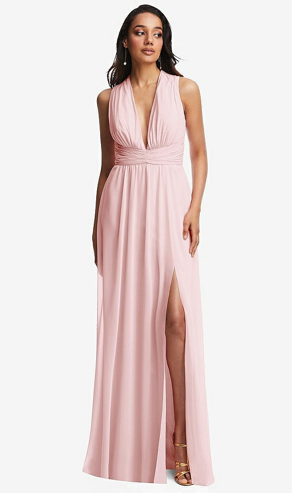Front View - Ballet Pink Shirred Deep Plunge Neck Closed Back Chiffon Maxi Dress 