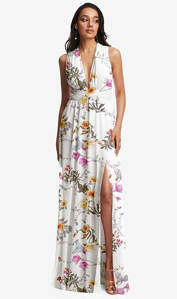 Front View - Butterfly Botanica Ivory Shirred Deep Plunge Neck Closed Back Chiffon Maxi Dress 
