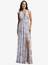 Front View Thumbnail - Butterfly Botanica Silver Dove Shirred Deep Plunge Neck Closed Back Chiffon Maxi Dress 