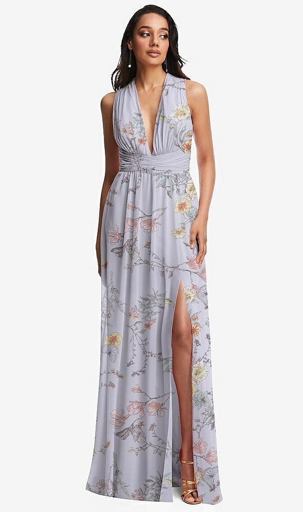 Front View - Butterfly Botanica Silver Dove Shirred Deep Plunge Neck Closed Back Chiffon Maxi Dress 