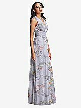 Side View Thumbnail - Butterfly Botanica Silver Dove Shirred Deep Plunge Neck Closed Back Chiffon Maxi Dress 