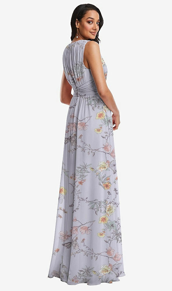 Back View - Butterfly Botanica Silver Dove Shirred Deep Plunge Neck Closed Back Chiffon Maxi Dress 