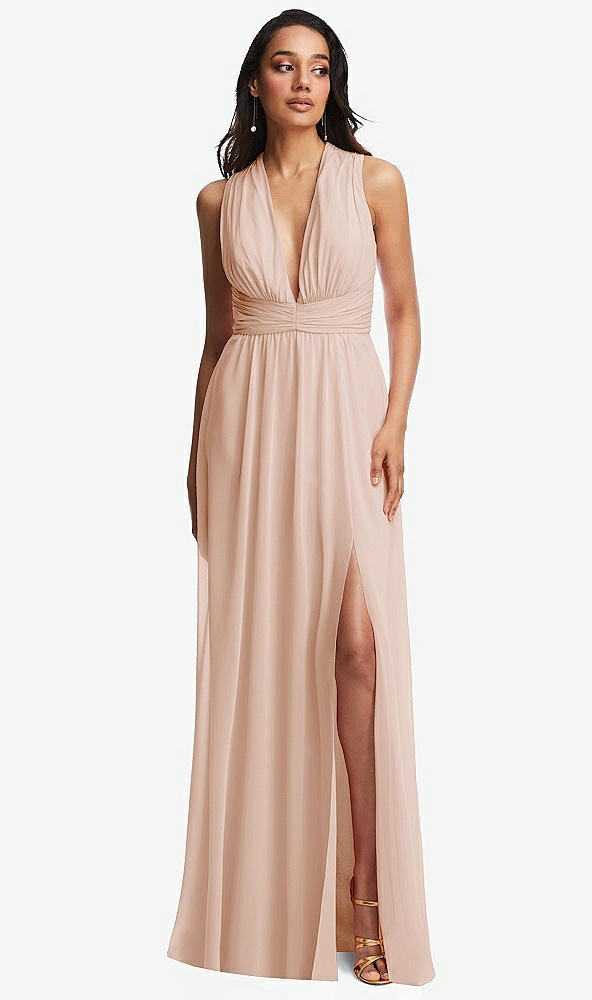 Front View - Cameo Shirred Deep Plunge Neck Closed Back Chiffon Maxi Dress 