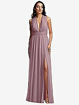Front View Thumbnail - Dusty Rose Shirred Deep Plunge Neck Closed Back Chiffon Maxi Dress 