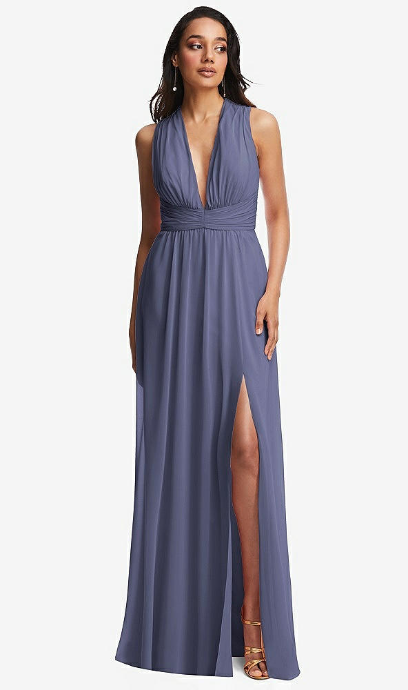 Front View - French Blue Shirred Deep Plunge Neck Closed Back Chiffon Maxi Dress 