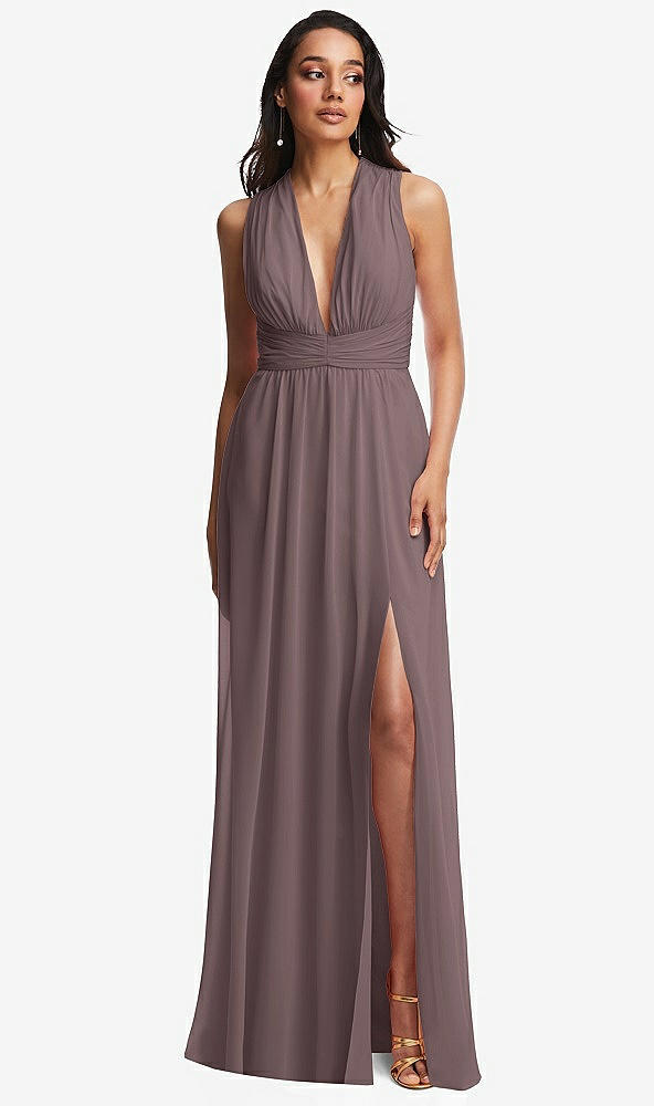 Front View - French Truffle Shirred Deep Plunge Neck Closed Back Chiffon Maxi Dress 