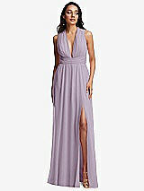 Front View Thumbnail - Lilac Haze Shirred Deep Plunge Neck Closed Back Chiffon Maxi Dress 